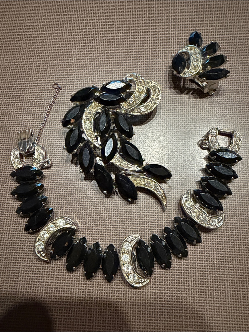 SARAH COVENTRY Vienna Nights Black Rhinestone Crescent Moon Bracelet & Brooch